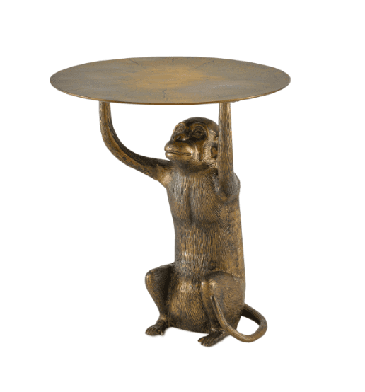 A bronze-finished metal accent table featuring a detailed monkey sculpture as its base, holding a ci… — 3D model