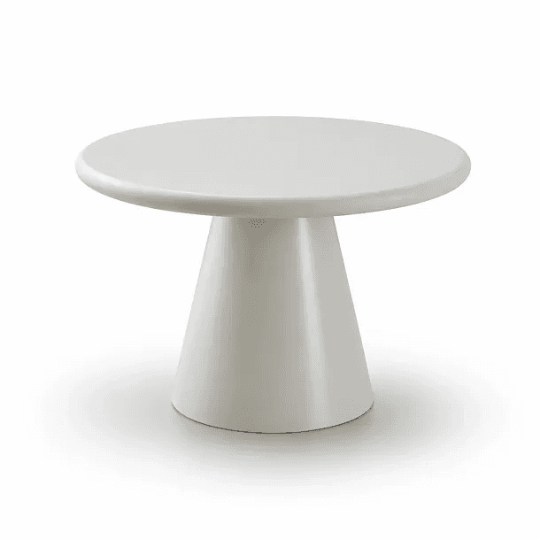 A white, round coffee table with a minimalist design, featuring a smooth circular top supported by a… — free BLEND 3D model