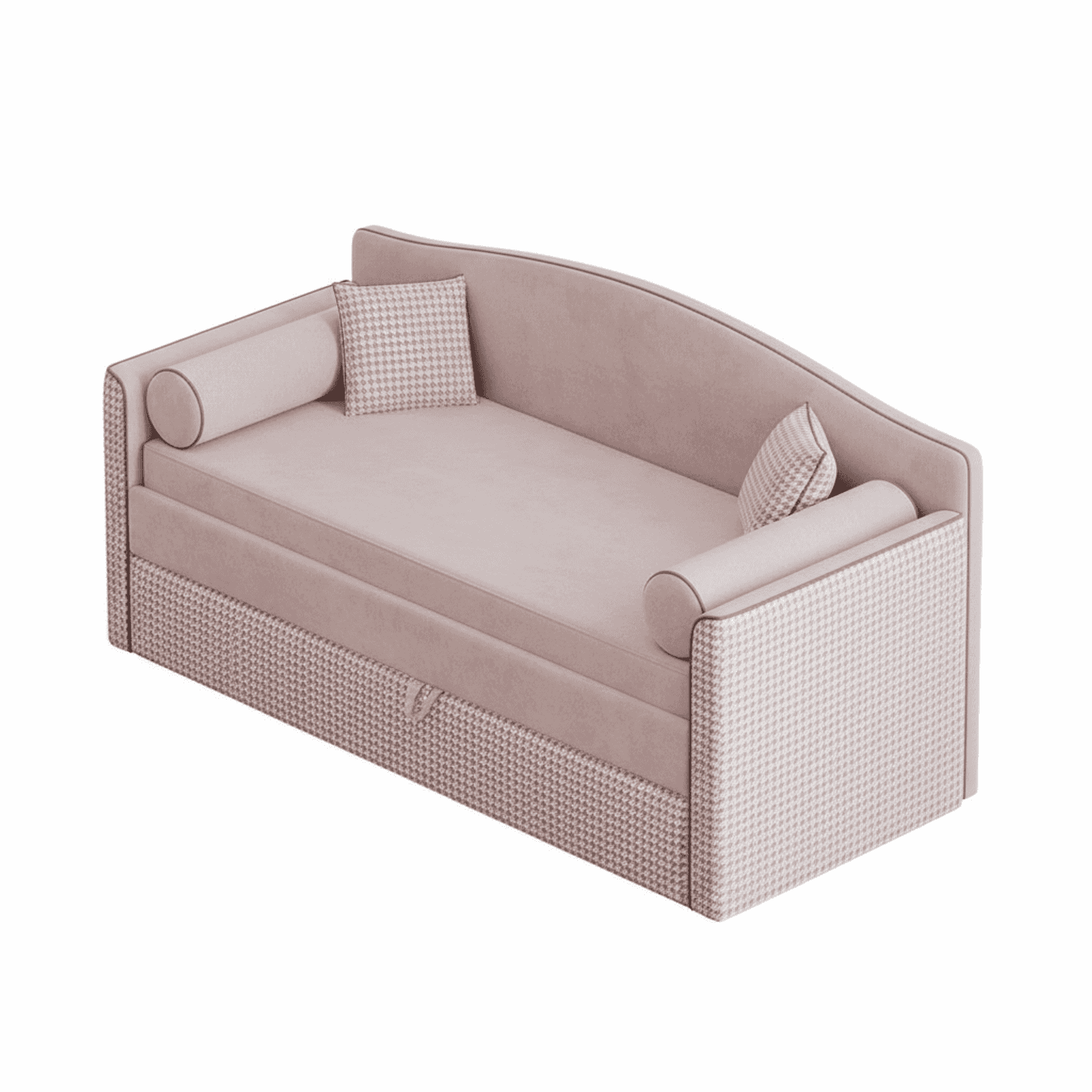 A blush pink upholstered daybed featuring an integrated pull-out trundle bed. It includes a curved b… — 3D model