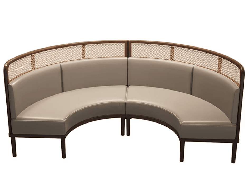 A curved banquette seating unit composed of two segments, featuring a dark wood frame with a woven c… — free FBX 3D model