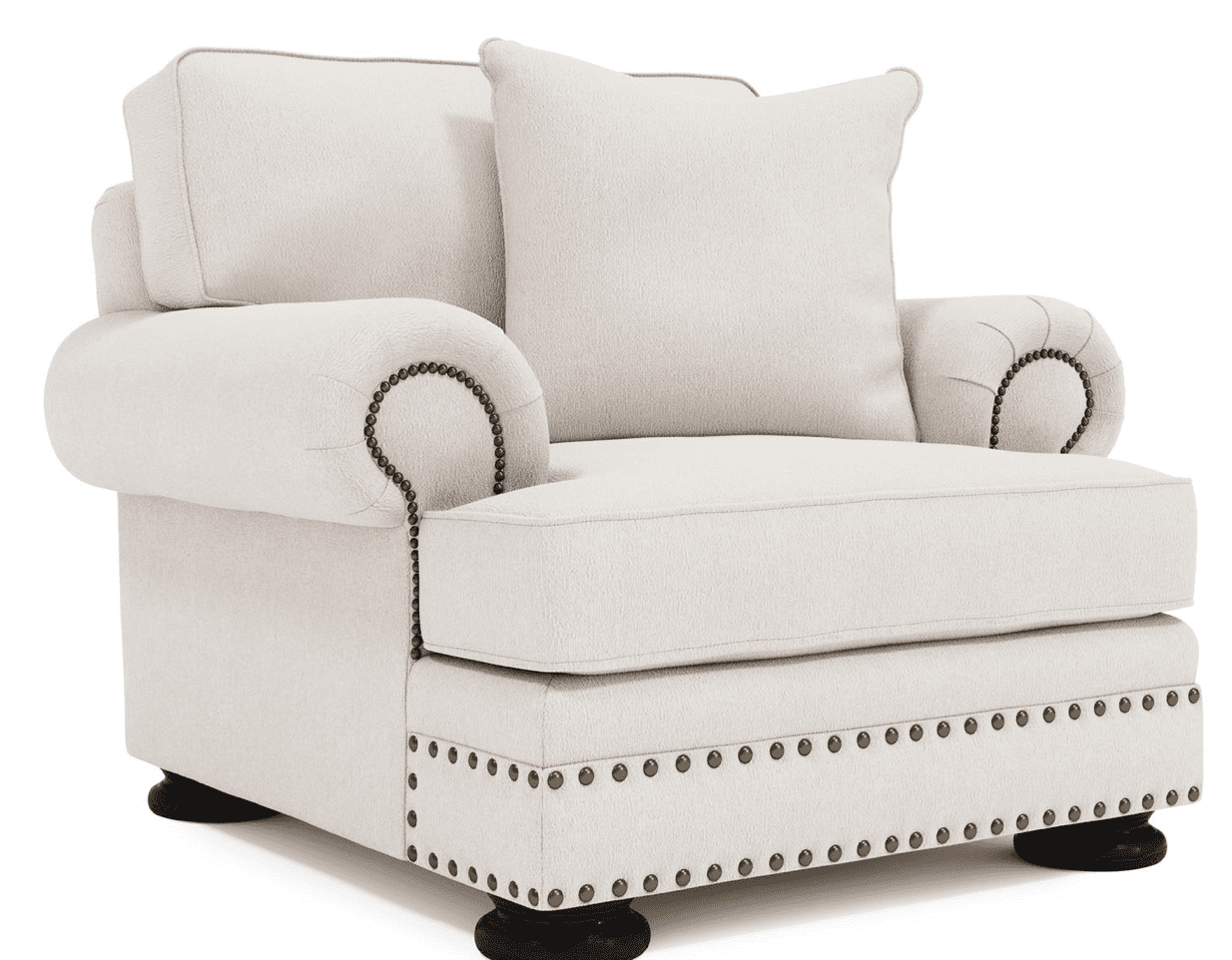 An upholstered armchair featuring rolled arms, a loose back cushion, and prominent nailhead trim, al… — 3D model