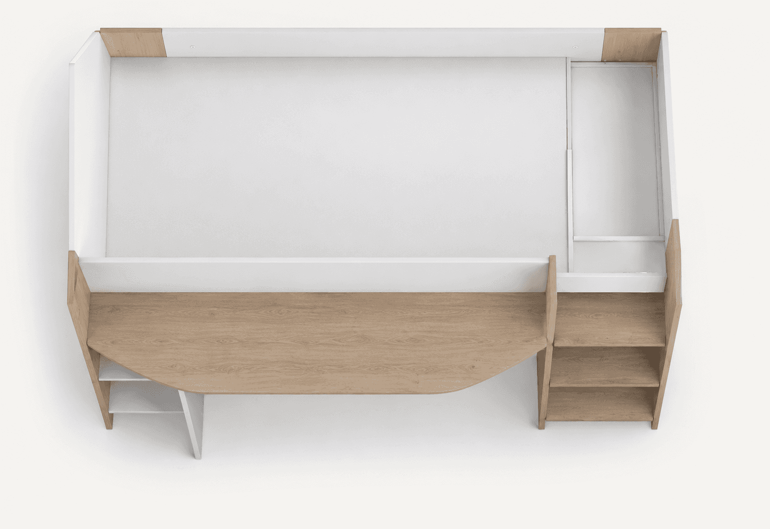 A loft bed designed with integrated desk and shelving space. The bed frame is elevated, with a desk… — 3D model