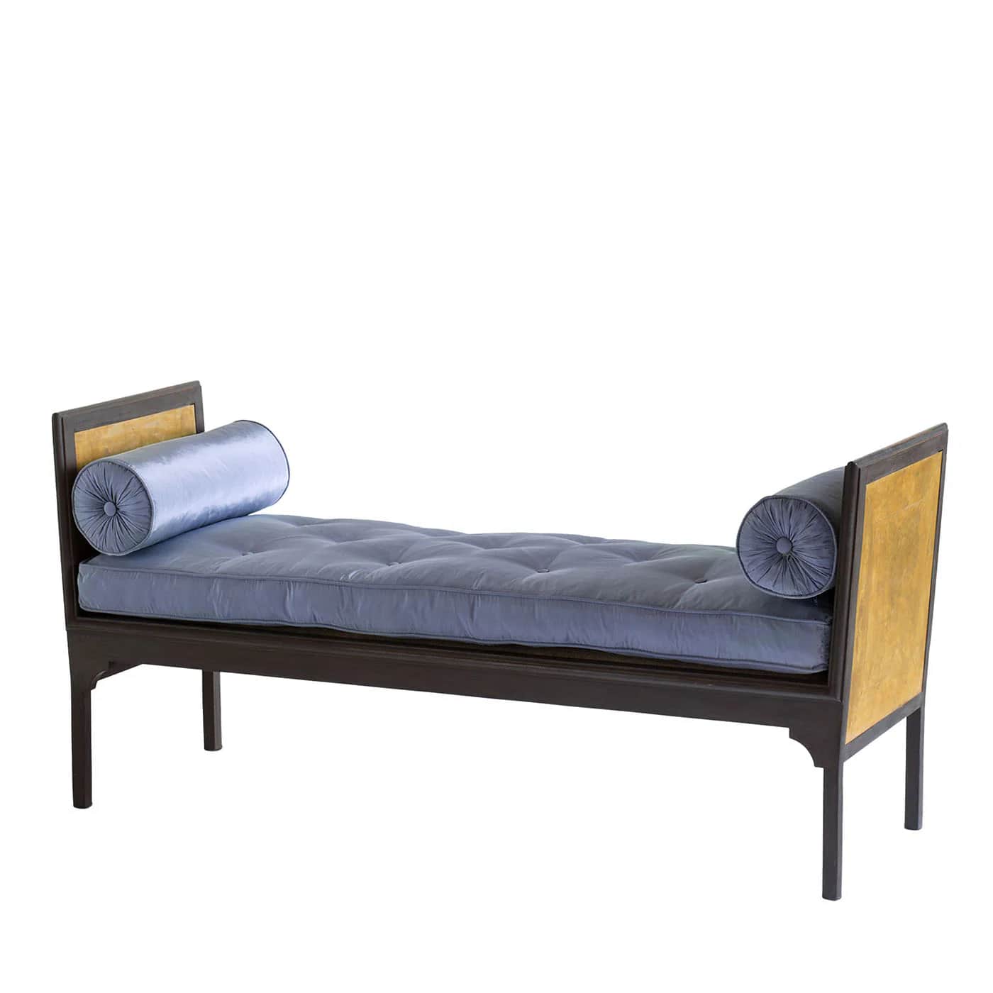 A transitional daybed featuring a dark wooden frame, a light blue tufted upholstered cushion, and tw… — 3D model
