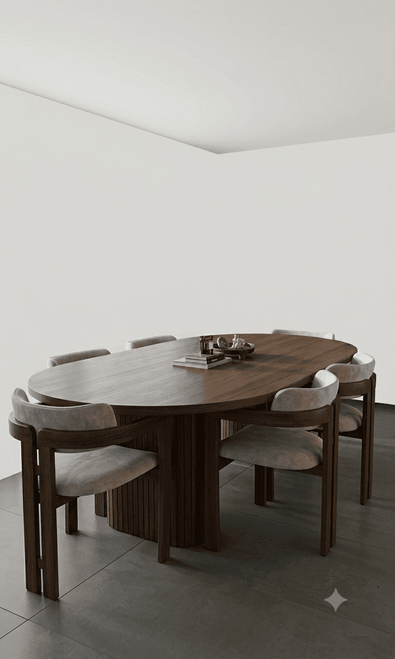 An oval-shaped coffee table crafted from dark brown walnut wood. It features a smooth, elliptical ta… — 3D model