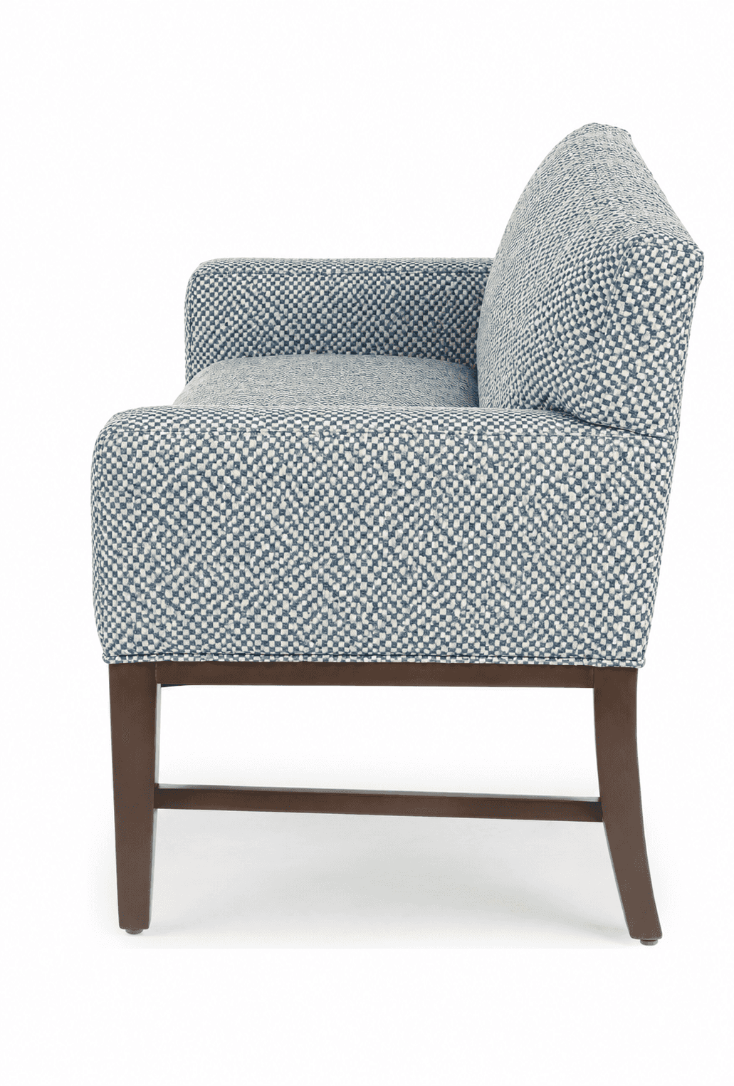 A modern upholstered armchair featuring a distinctive blue and white patterned fabric, dark wooden l… — free OBJ 3D model