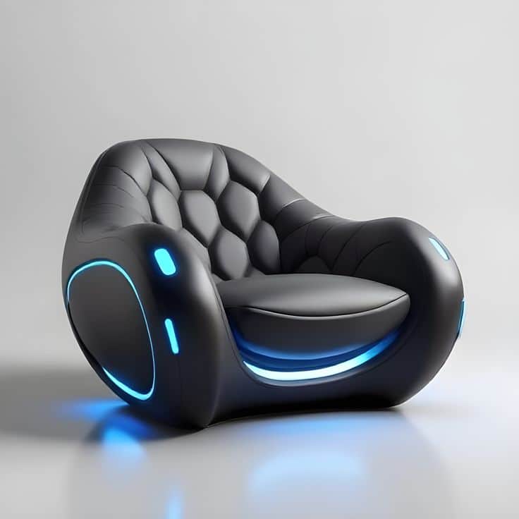A sleek, dark gray or black lounge chair with a futuristic design, featuring integrated electric blu… — 3D model