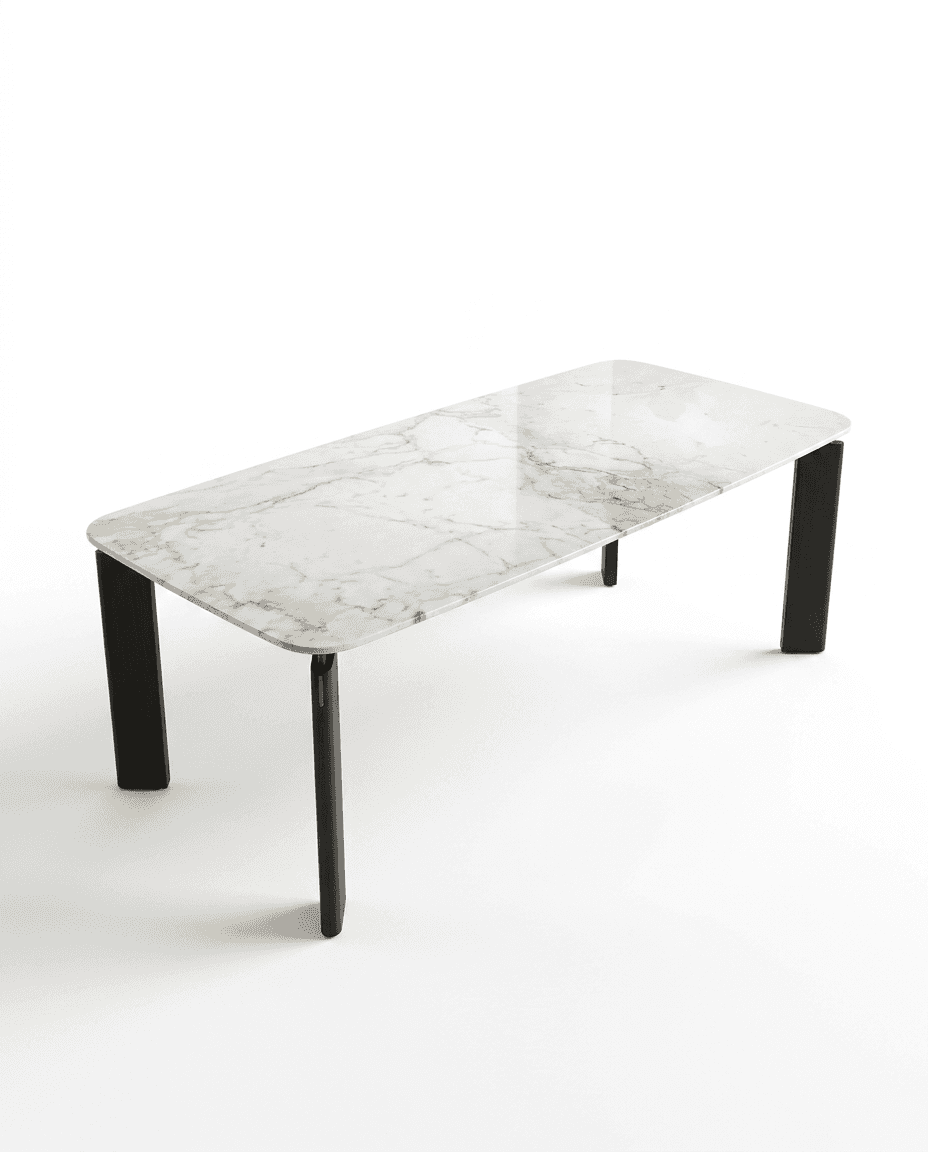 A rectangular dining table with a polished marble top featuring intricate veining. The tabletop has… — 3D model