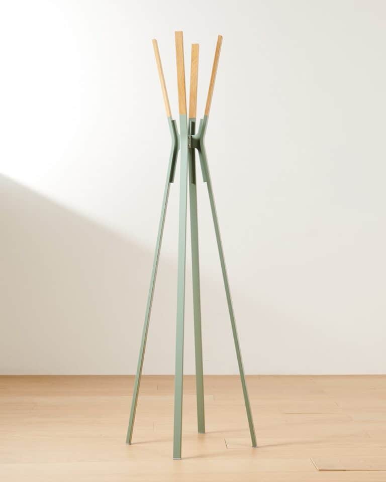 A freestanding coat rack with a base composed of multiple slender legs that converge upwards. The up… — free OBJ 3D model