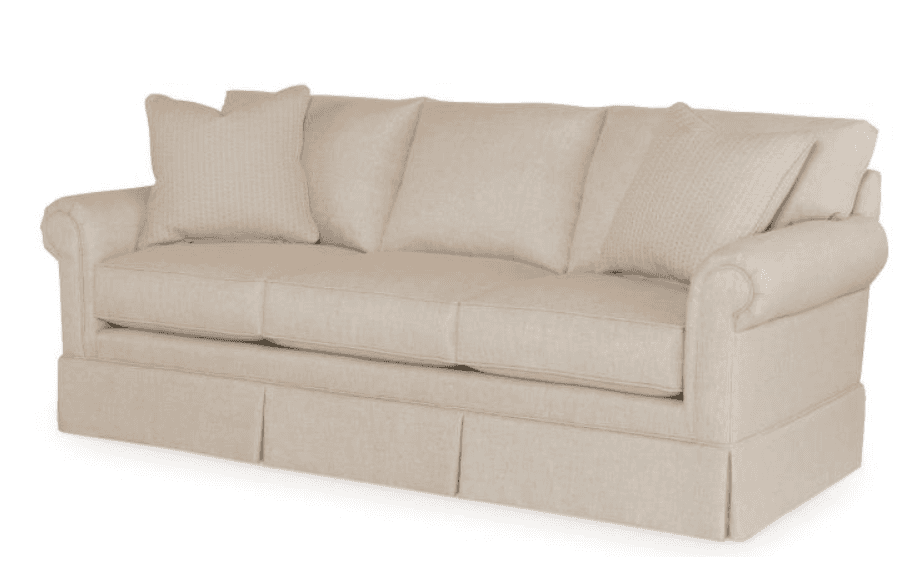 A traditional three-seater sofa upholstered in a light beige fabric, featuring rolled arms, a skirte… — 3D model