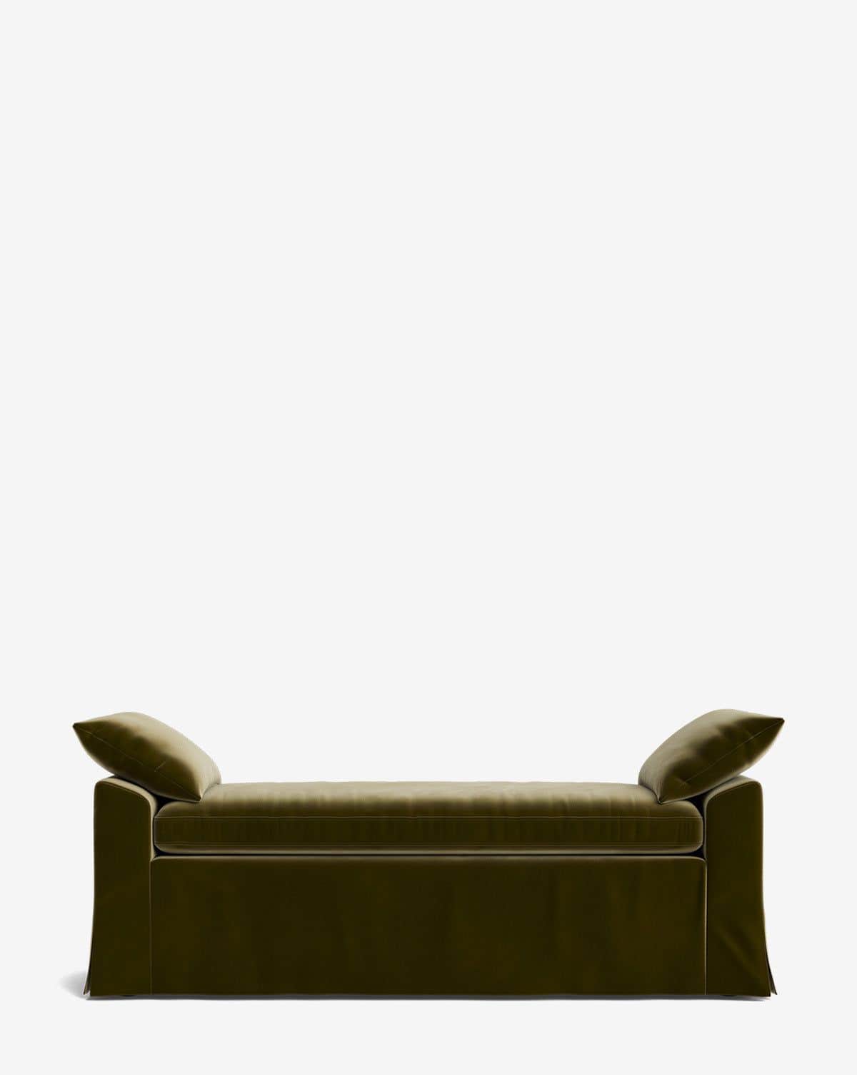 A long, rectangular upholstered daybed with a skirted base, finished in an olive green velvet-like f… — 3D model