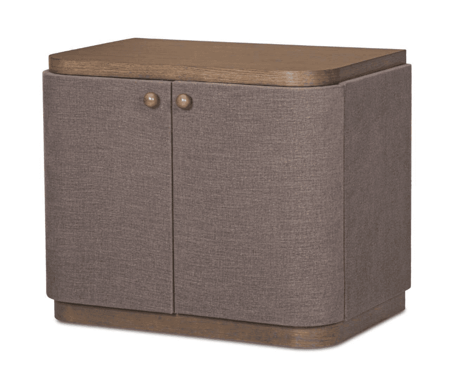 A compact, contemporary storage cabinet featuring a natural wood top and base, with the main body up… — 3D model