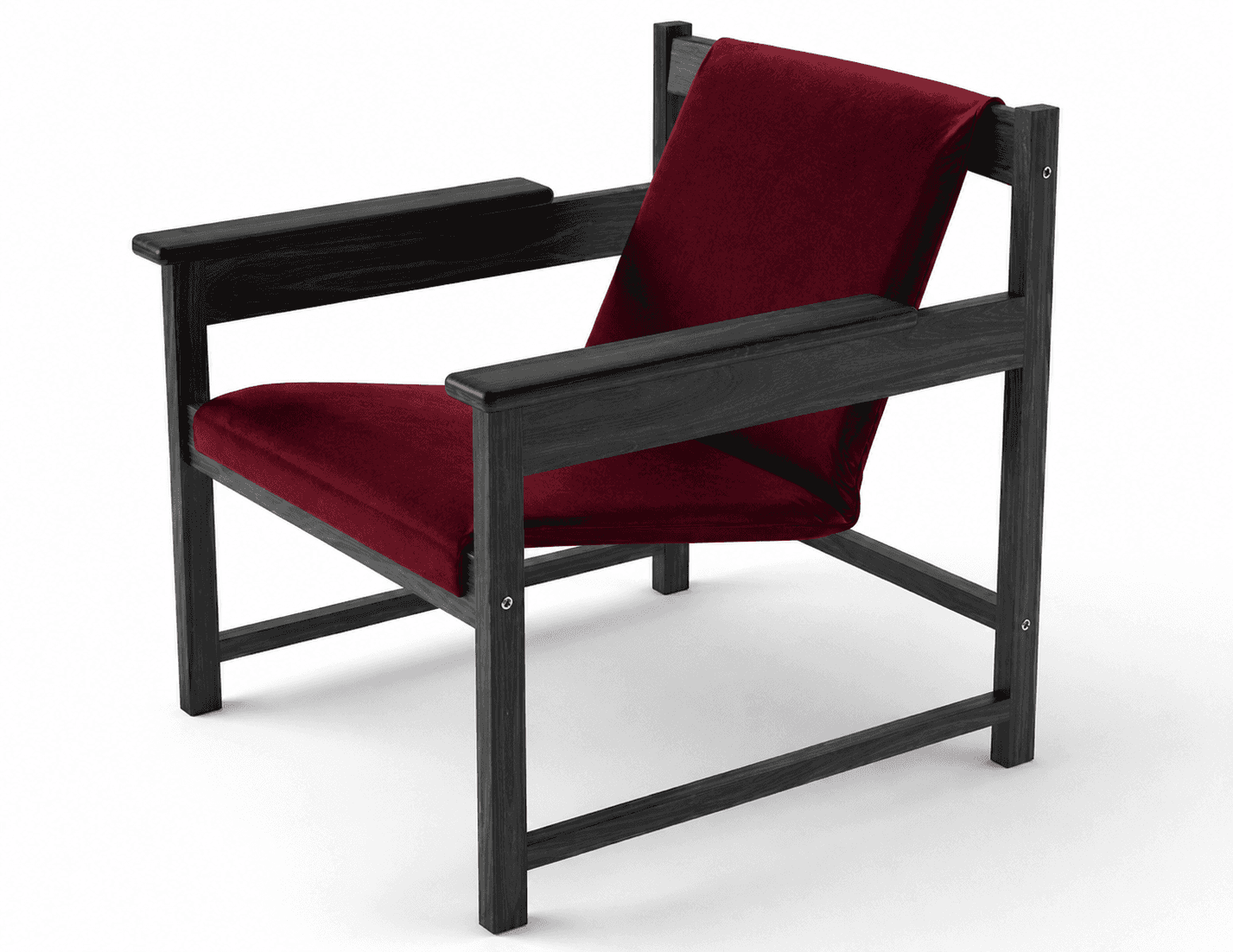 A modern armchair with a dark-stained wooden frame and a deep red upholstered seat and back. The fra… — 3D model