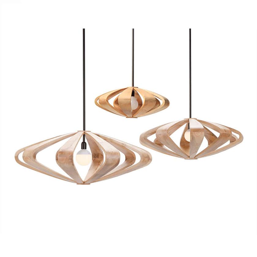 A modern pendant light featuring a shade constructed from curved, light-colored wood strips forming… — 3D model