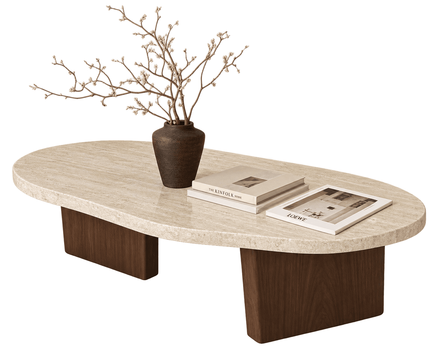 A contemporary low-profile coffee table featuring an oval travertine stone top supported by two dist… — 3D model