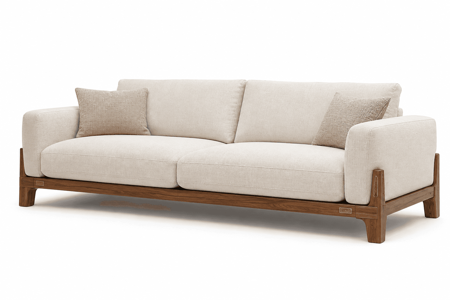 A contemporary two-seater sofa featuring light beige fabric upholstery and a prominent exposed dark… — 3D model