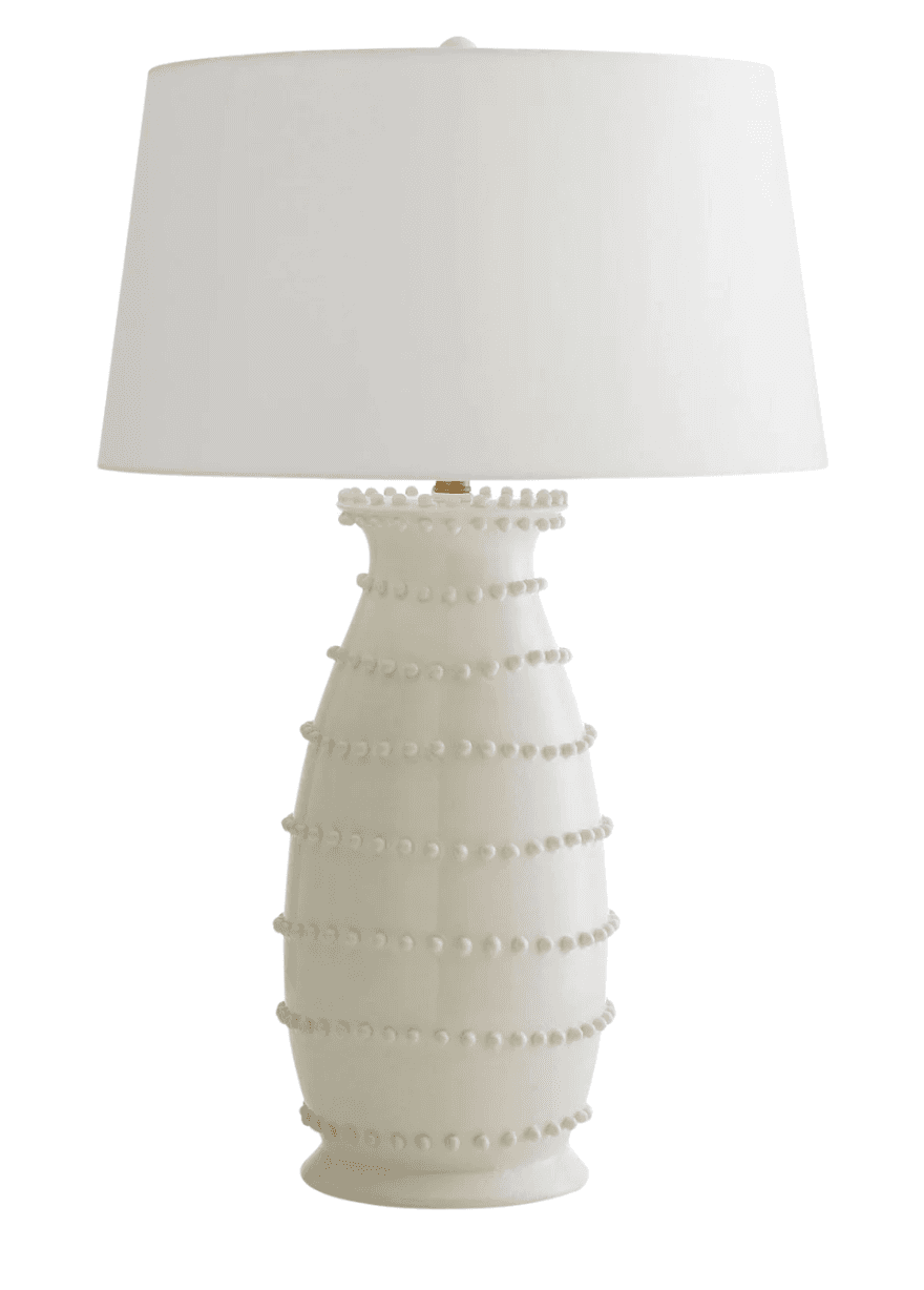An off-white ceramic table lamp featuring a tapered, vase-like base adorned with horizontal rows of… — 3D model