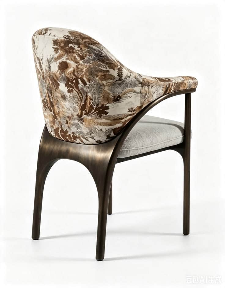 A contemporary armchair featuring a distinctive sculptural bronze-toned metal frame and a combinatio… — 3D model