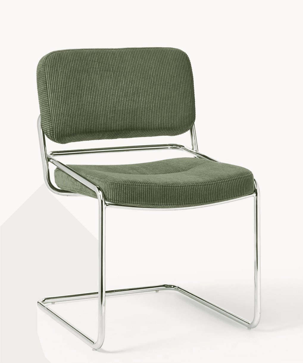 A modern cantilever chair featuring a polished chrome tubular frame and green ribbed corduroy uphols… — 3D model