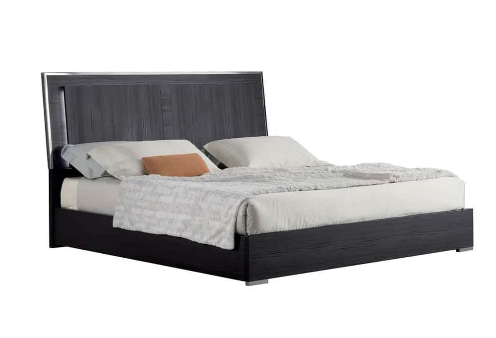 A modern platform bed frame with a dark wood grain finish on the headboard and frame. The headboard… — free BLEND 3D model