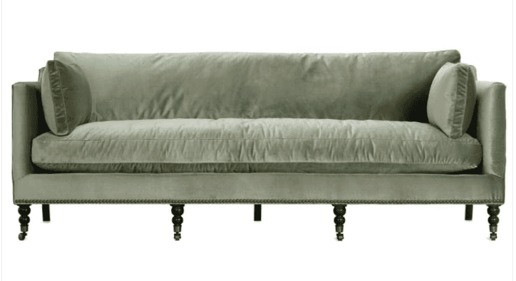 A traditional three-seater sofa upholstered in a light sage green velvet. It features classic Englis… — free GLTF 3D model