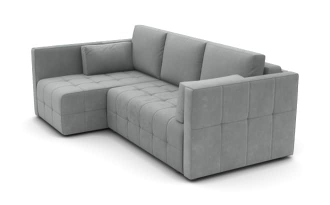 An L-shaped sectional sofa upholstered in a light grey fabric, featuring a tufted design on its seat… — 3D model