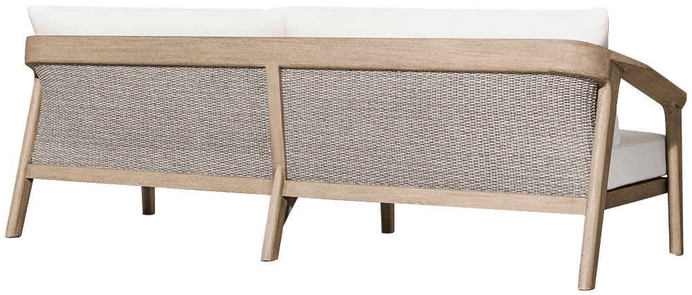 A contemporary outdoor sofa featuring a light-toned wooden frame with a distinct woven backrest. The… — 3D model