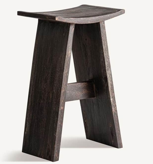 A dark, possibly ebonized, wood stool featuring a curved saddle-shaped seat and a minimalist A-frame… — free SKP 3D model