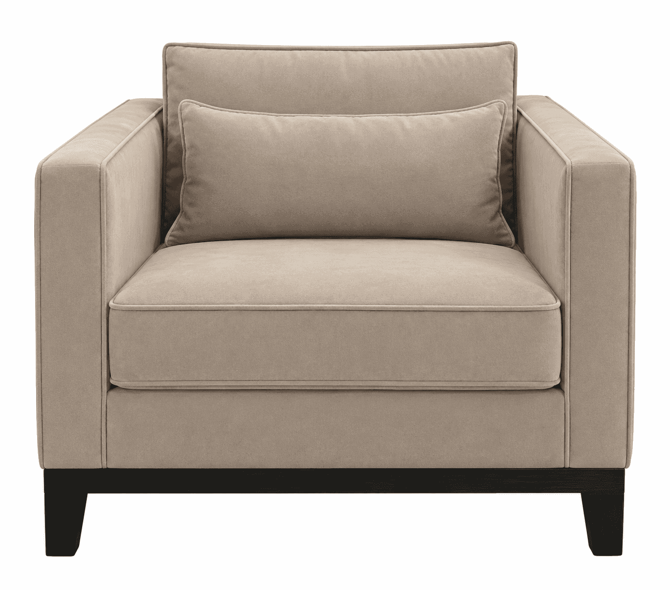 A contemporary upholstered armchair featuring a square silhouette, wide square arms, and a low, dark… — 3D model