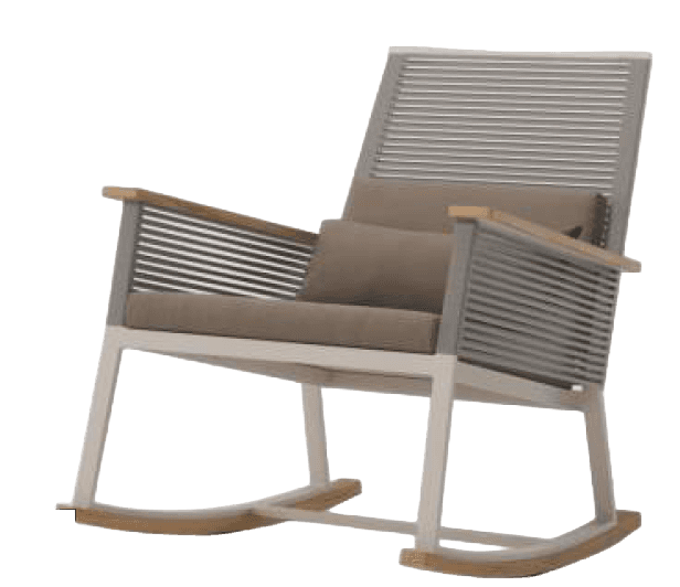 A modern rocking chair featuring a light-colored frame, horizontal slatted back and sides, wooden ar… — 3D model