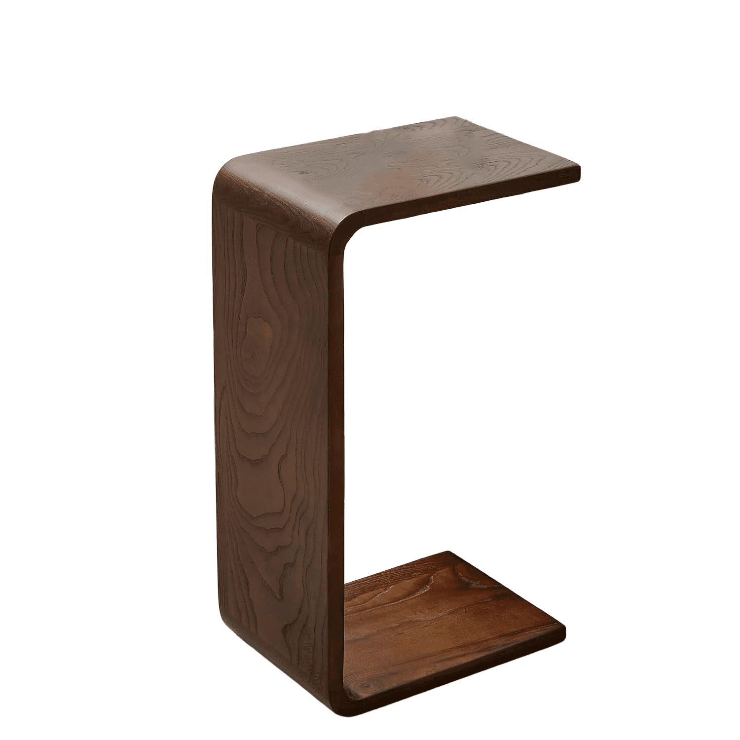 A C-shaped end table constructed from wood. The table features a top surface and a base connected by… — 3D model