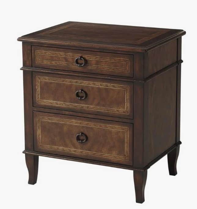 A dark wood nightstand with three drawers. Each drawer front features an inlaid panel with decorativ… — 3D model