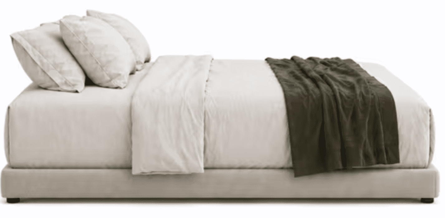 A modern platform bed featuring a low-profile, upholstered frame in a light neutral tone. The bed is… — 3D model