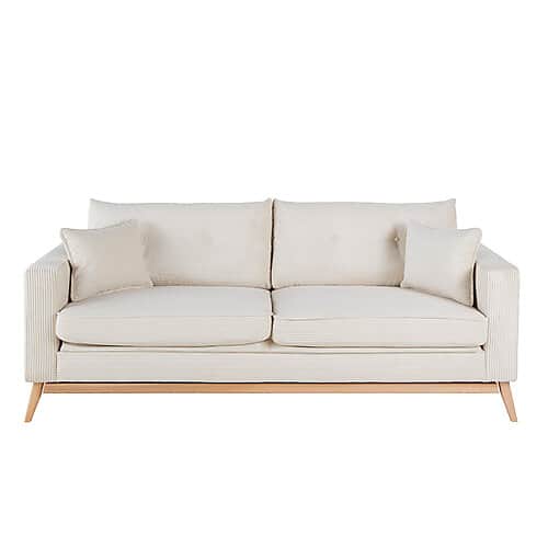 A contemporary two-seater sofa featuring a clean-lined profile, upholstered in a ribbed, cream-color… — 3D model