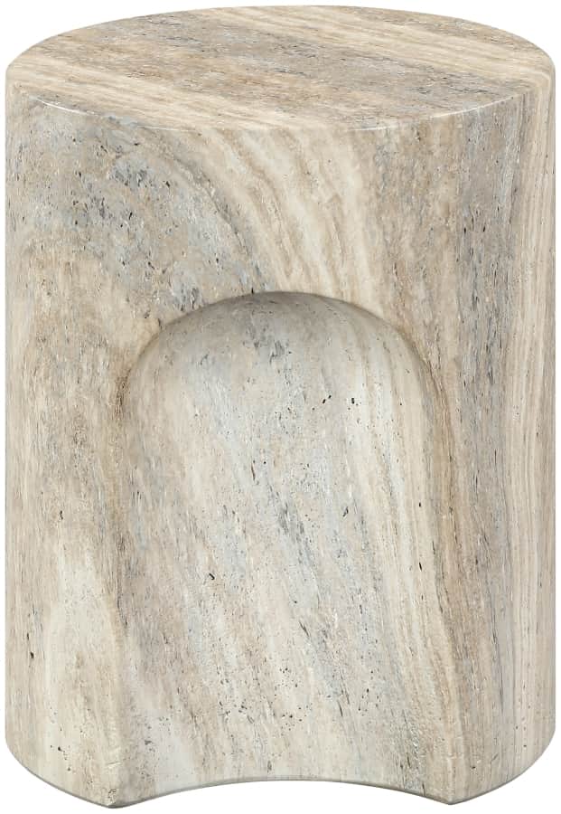 A cylindrical side table crafted from natural travertine stone, featuring a light beige and grey col… — 3D model