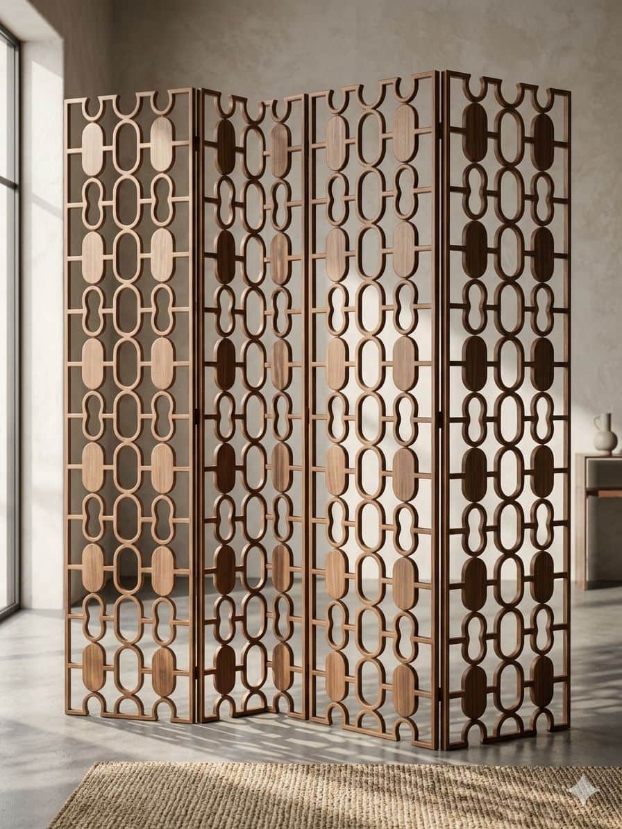 A multi-panel folding screen designed for room division. It features an intricate geometric pattern… — 3D model