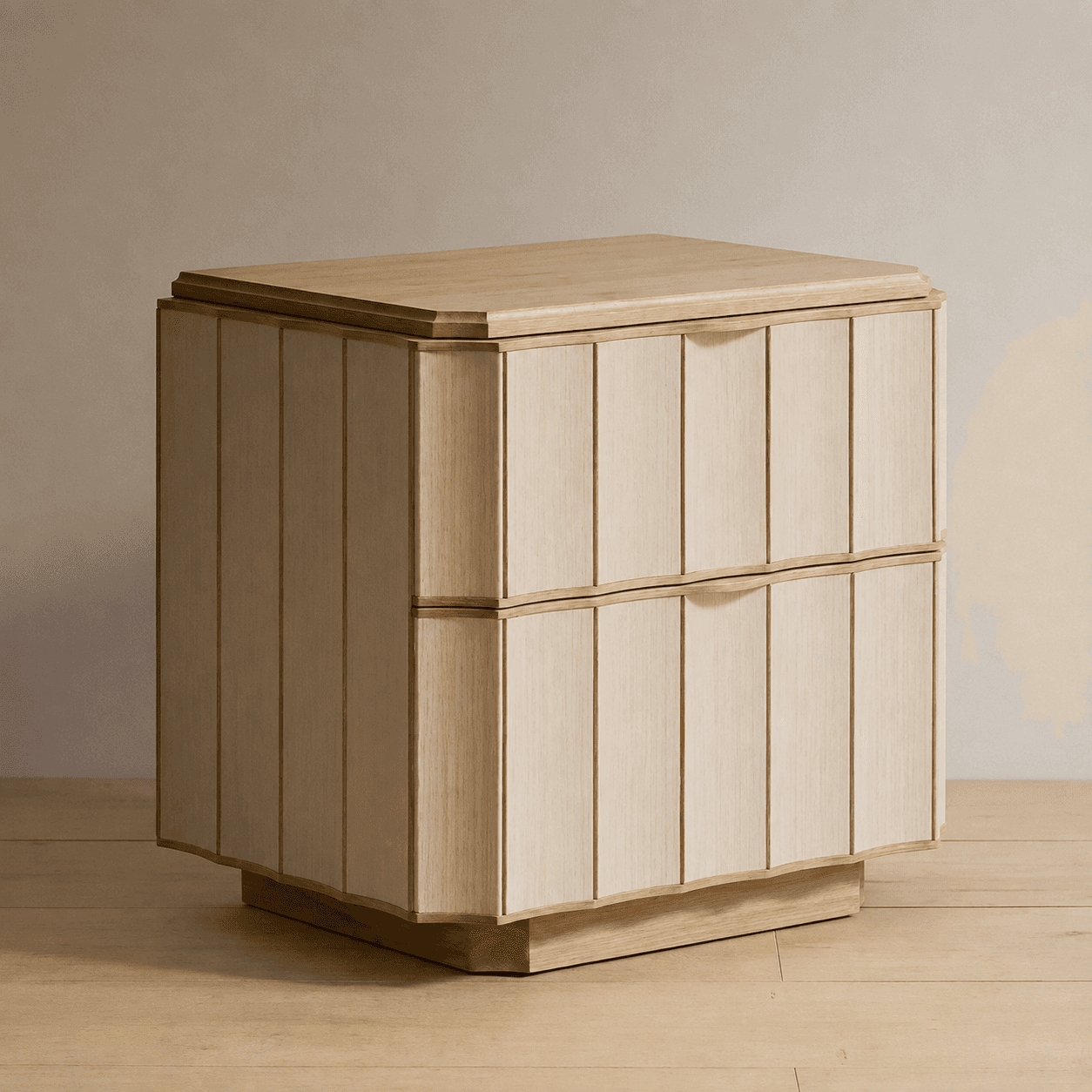 A compact, contemporary bedside cabinet featuring two drawers with distinctive fluted fronts and int… — 3D model