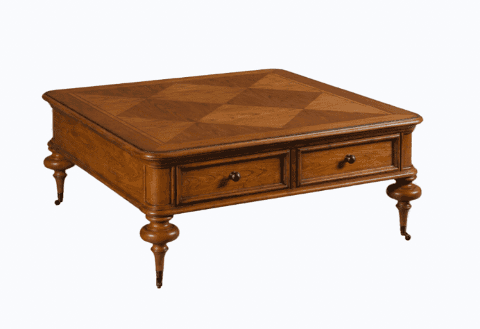 A square coffee table made of wood, featuring a parquet top with a diamond pattern. It has four turn… — 3D model