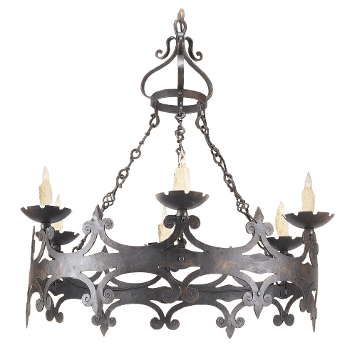 A circular chandelier constructed from dark, wrought metal. It features an ornate, gothic-inspired d… — 3D model