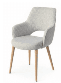 A modern upholstered chair with a light grey, textured fabric covering. It features a gently curved… — 3D model