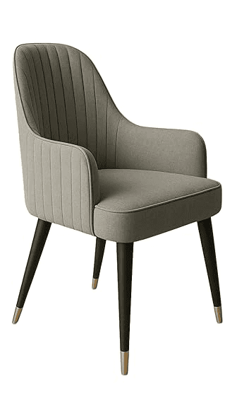 An elegant gray upholstered armchair featuring channel tufting on the backrest, curved armrests, and… — 3D model