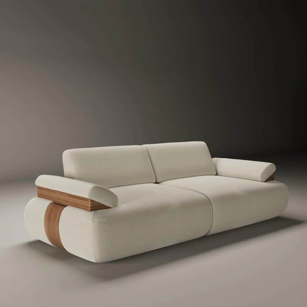 A contemporary two-seater sofa featuring a rounded, organic silhouette upholstered in a light, cream… — 3D model