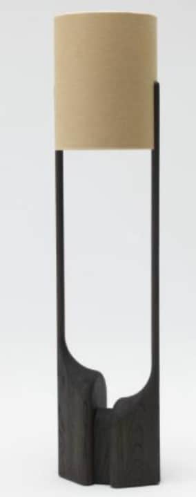 A tall, contemporary floor lamp featuring a sculptural dark-stained wooden base with an organic, car… — 3D model