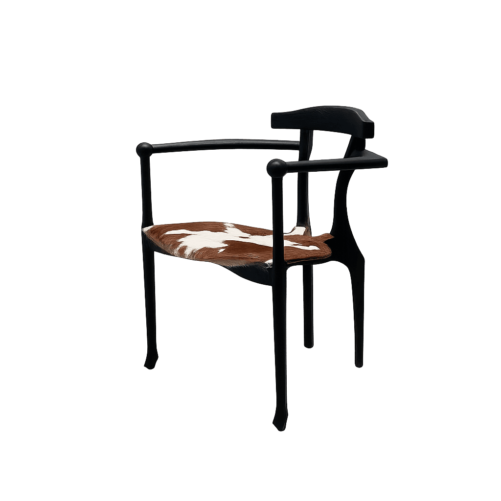 A contemporary armchair with a dark, possibly black, wooden frame and a seat upholstered with cowhid… — 3D model