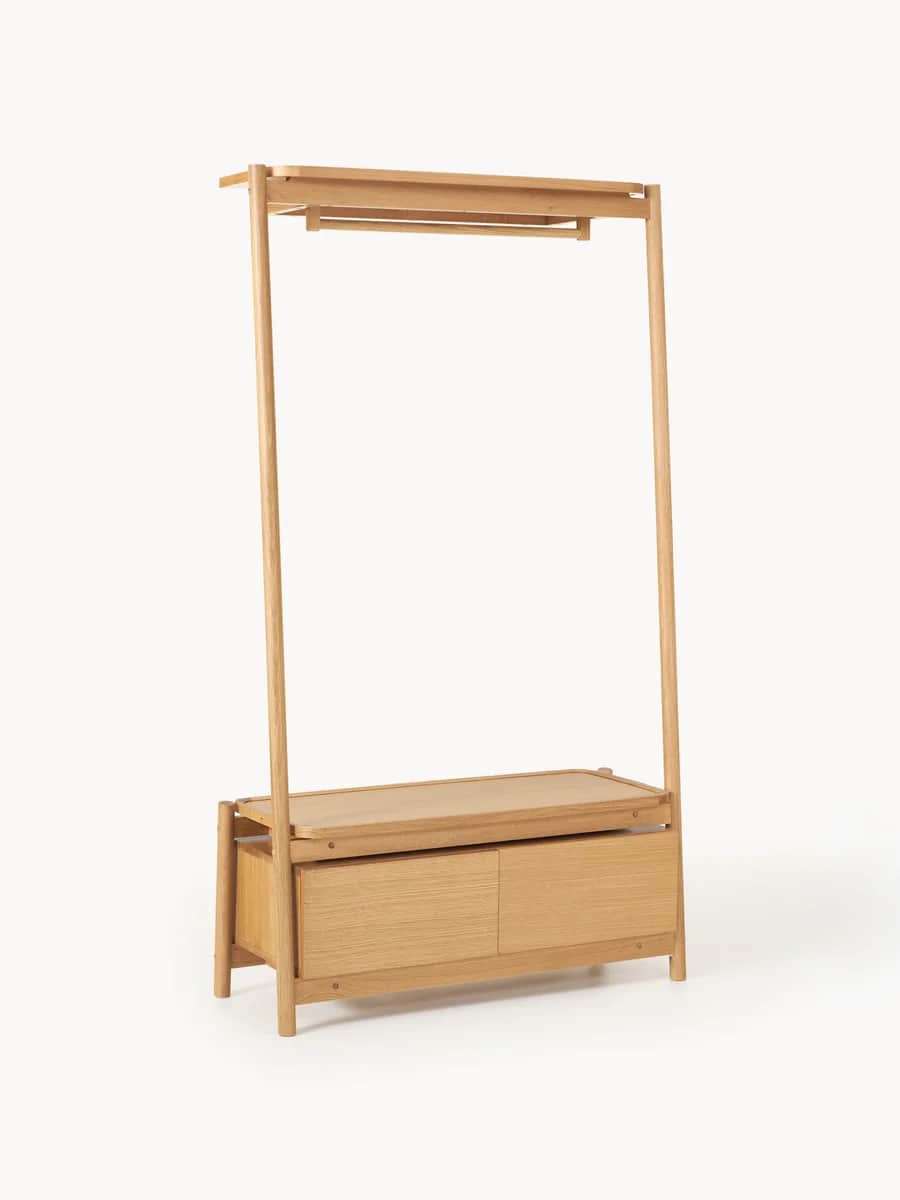 A minimalist open wardrobe unit constructed from light-toned solid wood, featuring a tall, angled A-… — 3D model