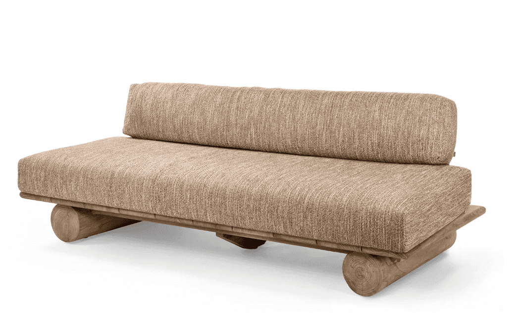 An armless daybed featuring a natural wood plank platform and cylindrical log feet, topped with thic… — 3D model