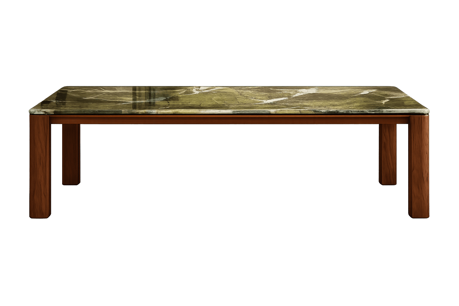 A rectangular console table featuring a richly veined green marble top supported by a sturdy wooden… — 3D model