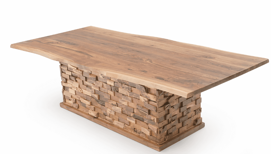 A rectangular dining table with a live-edge wooden top and a unique, stacked block base. The tableto… — 3D model