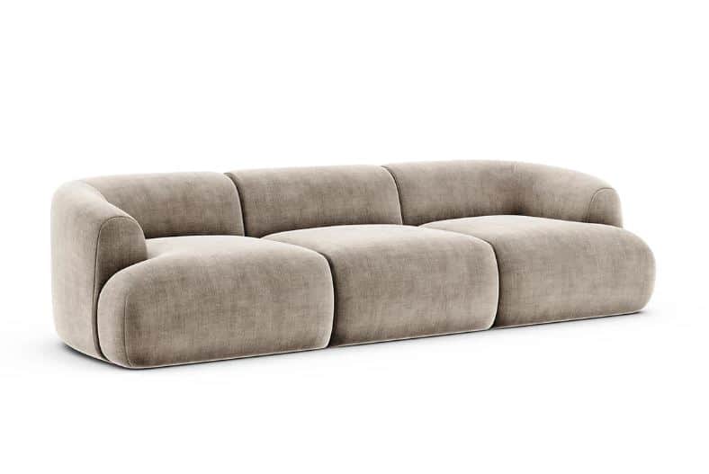 A modular sofa with three distinct seating units, featuring rounded edges and a low profile. The sof… — 3D model