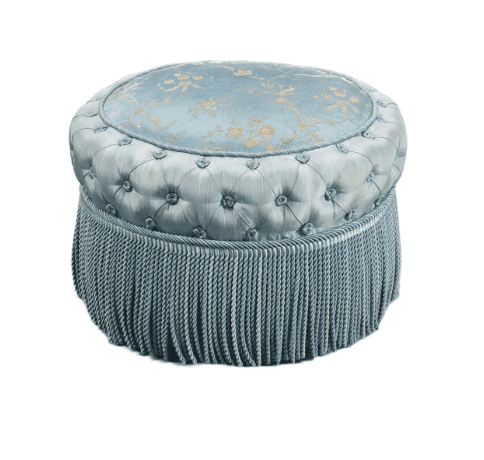 A round, upholstered ottoman featuring a light blue damask-patterned top surface, deeply tufted side… — 3D model