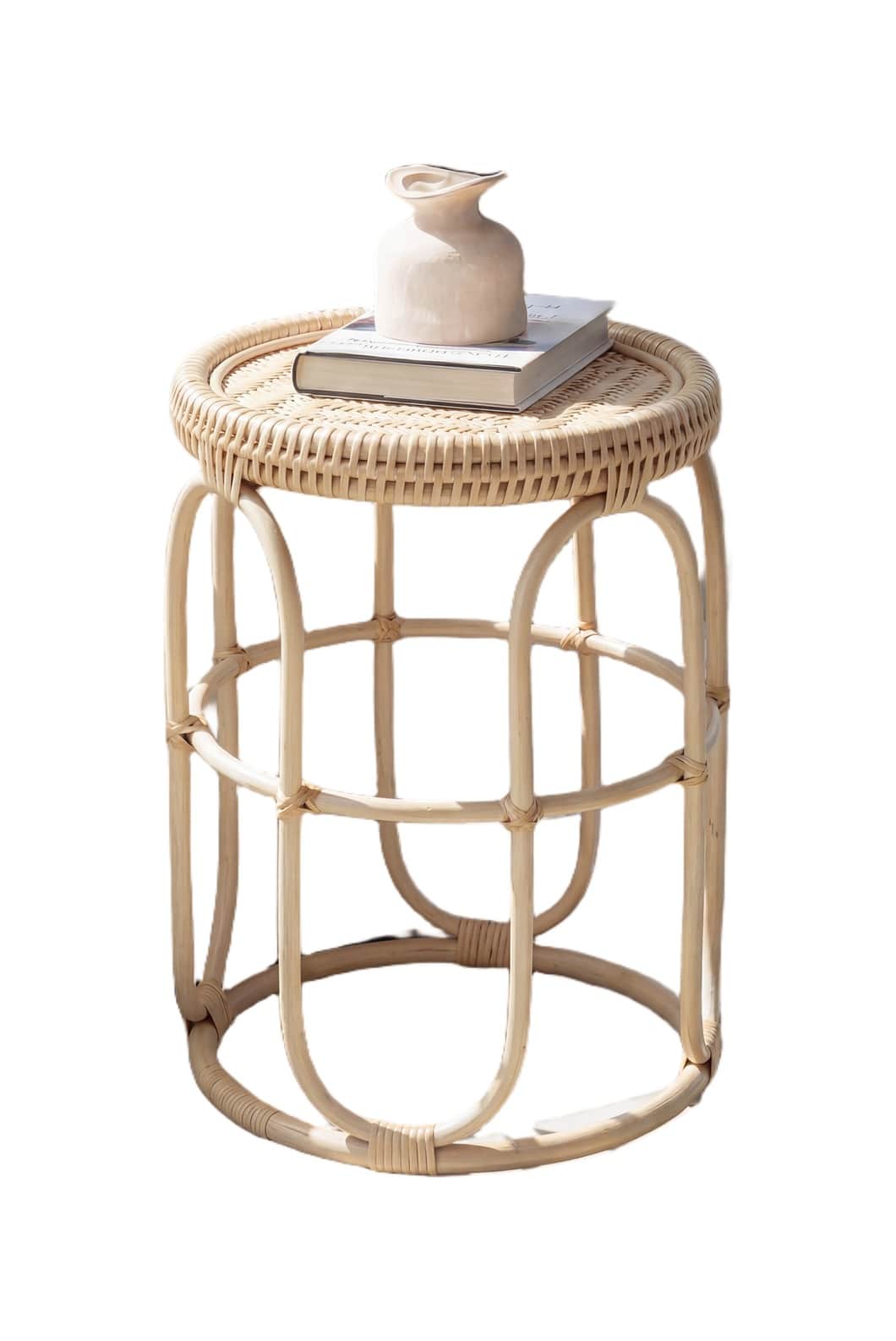 A light-colored, natural rattan stool featuring a round woven top and an open, cylindrical base cons… — 3D model